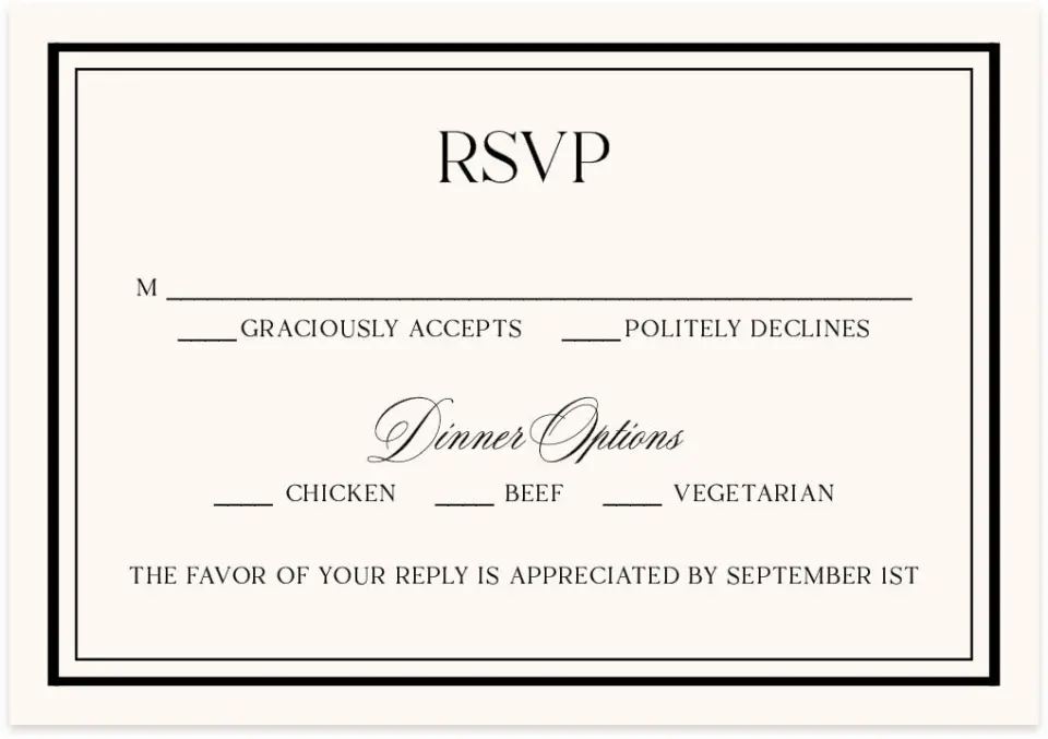 This is a 5" x 3½" Wedding Invitation RSVP Postcard called Greenwich printed in full color with Gold foil on Luxe Satin (coated) paper