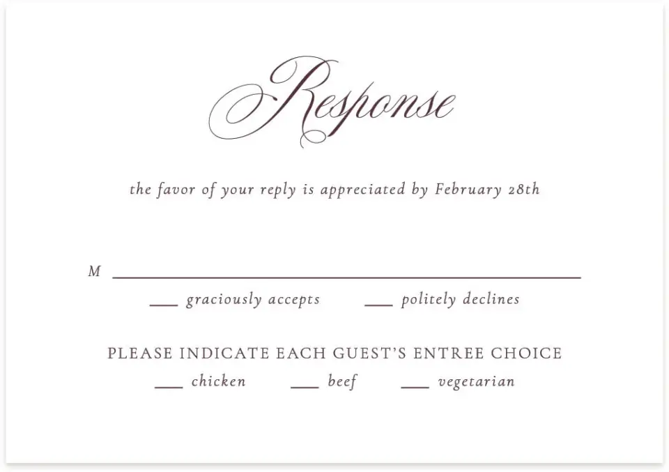 This is a 5" x 3½" Wedding Invitation RSVP Postcard called Georgetown printed in full color with Rose Gold foil on Luxe Satin (coated) paper