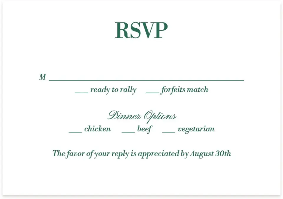 This is a 5" x 3½" Wedding Invitation RSVP Postcard called Serving Up Forever printed in full color with Silver foil on Luxe Satin (coated) paper