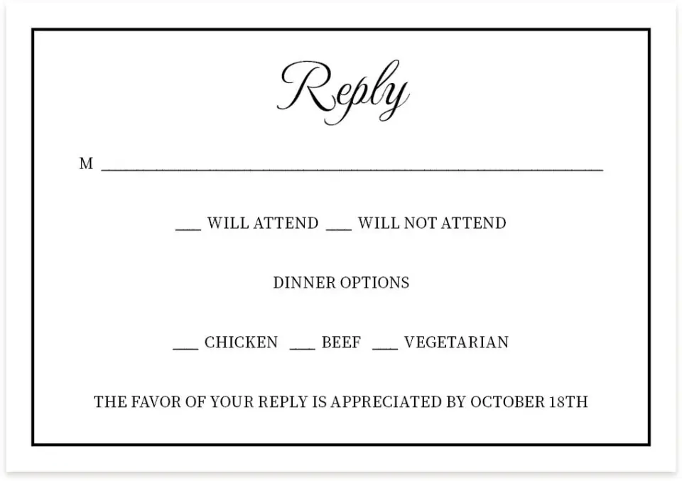 This is a 5" x 3½" Wedding Invitation RSVP Postcard called Scarsdale printed in full color on Premium Smooth paper
