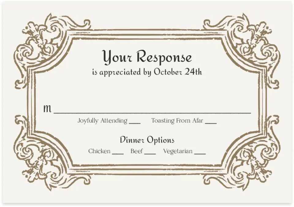 This is a 5" x 3½" Wedding Invitation RSVP Postcard called Lafayette printed in full color with Silver foil on Luxe Satin (coated) paper