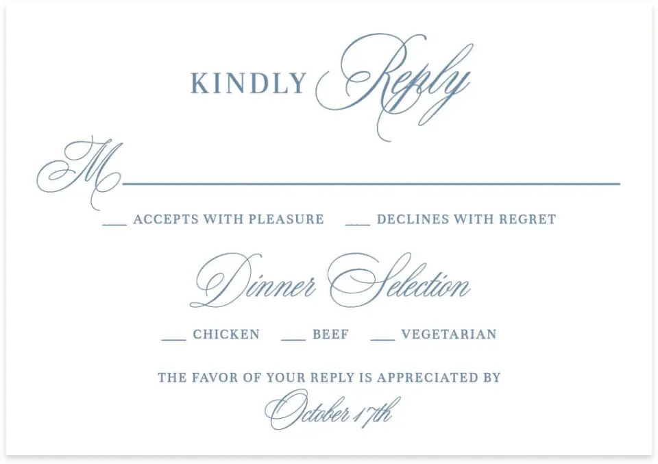 This is a 5" x 3½" Wedding Invitation RSVP Postcard called Berkeley printed in full color on Premium Smooth paper