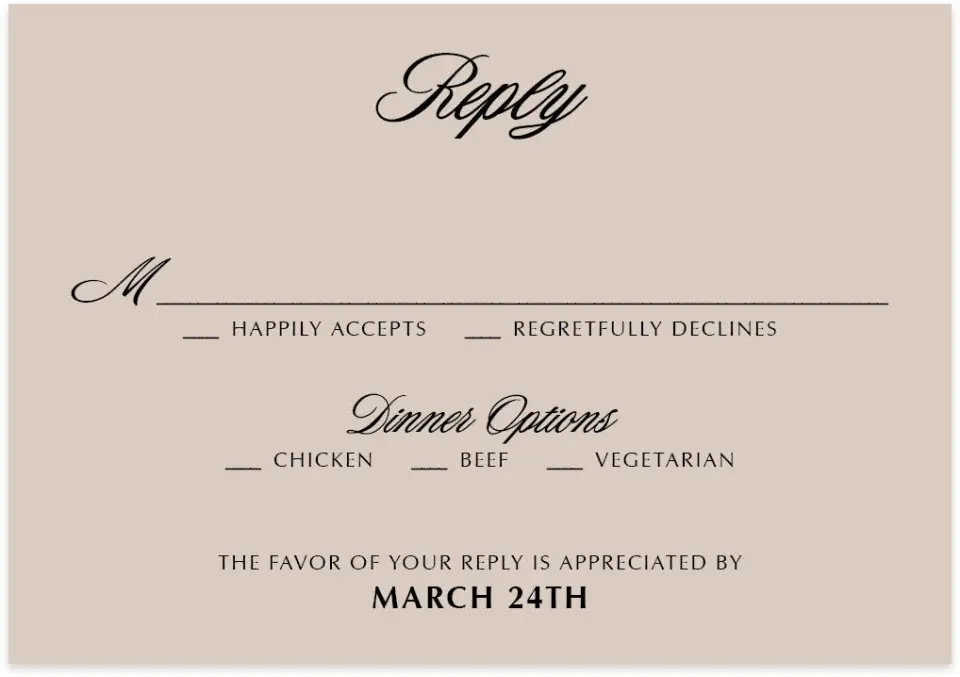 This is a 5" x 3½" Wedding Invitation RSVP Postcard called Charleston printed in full color with Silver foil on Luxe Satin (coated) paper