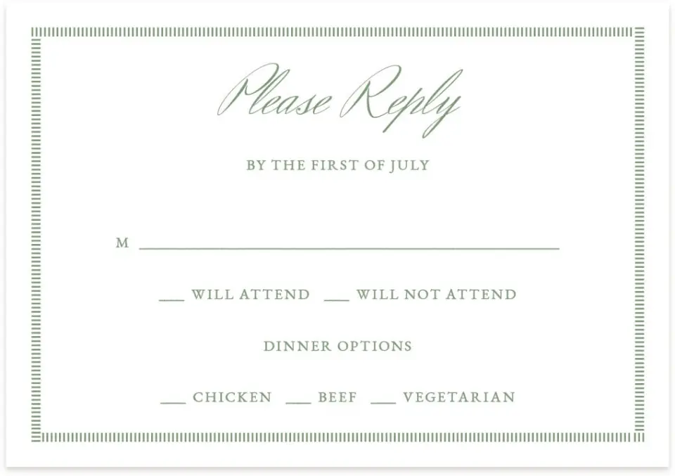 This is a 5" x 3½" Wedding Invitation RSVP Postcard called Watch Hill printed in full color on Premium Smooth paper