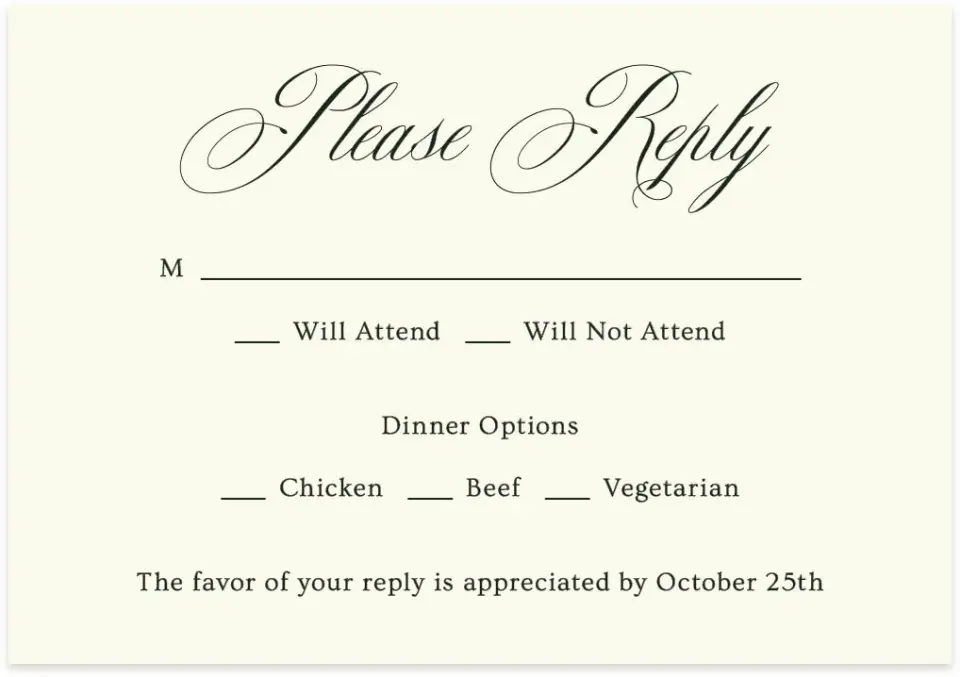 This is a 5" x 3½" Wedding Invitation RSVP Postcard called Hillsborough printed in full color with Rose Gold foil on Luxe Satin (coated) paper