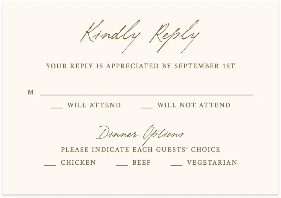 This is a 5" x 3½" Wedding Invitation RSVP Postcard called Ivyhill printed in full color with Gold foil on Luxe Satin (coated) paper