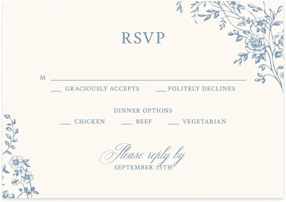 This is a 5" x 3½" Wedding Invitation RSVP Postcard called Vintage Reverie printed in full color with Silver foil on Luxe Satin (coated) paper