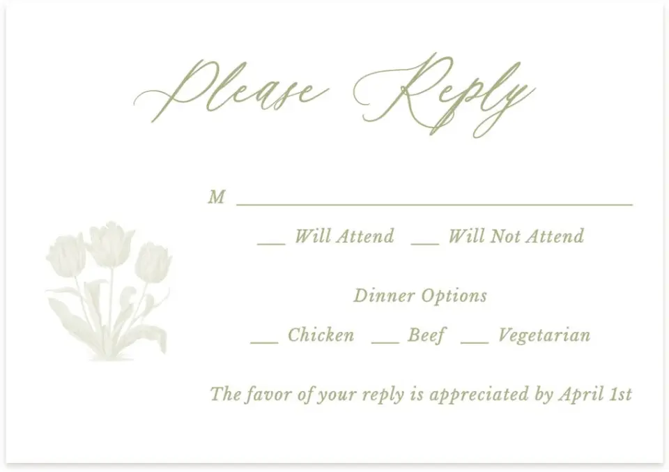 This is a 5" x 3½" Wedding Invitation RSVP Postcard called Timeless Tulips printed in full color with Rose Gold foil on Luxe Satin (coated) paper