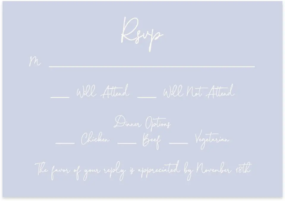 This is a 5" x 3½" Wedding Invitation RSVP Postcard called Yours Truly printed in full color with Silver foil on Luxe Satin (coated) paper