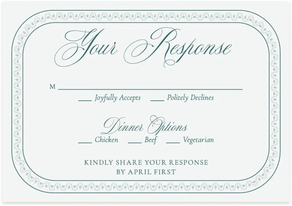 This is a 5" x 3½" Wedding Invitation RSVP Postcard called Delicate Vintage printed in full color with Silver foil on Luxe Satin (coated) paper