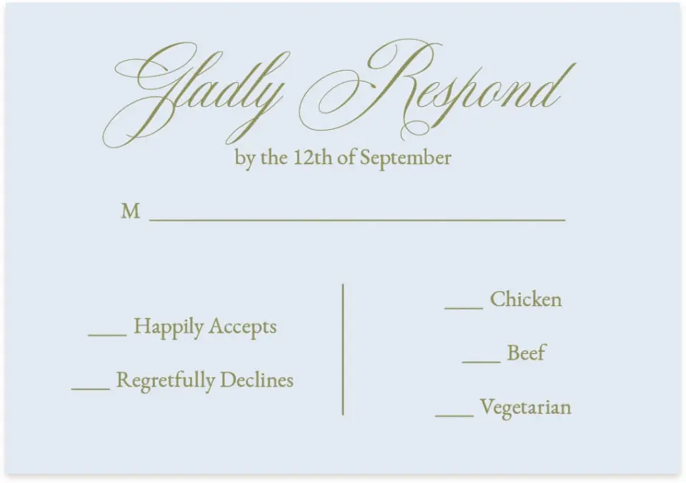 This is a 5" x 3½" Wedding Invitation RSVP Postcard called Signature Vows printed in full color with Rose Gold foil on Luxe Satin (coated) paper