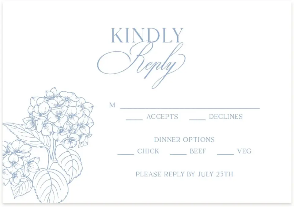 This is a 5" x 3½" Wedding Invitation RSVP Postcard called Woven Serenity printed in full color with Rose Gold foil on Luxe Satin (coated) paper