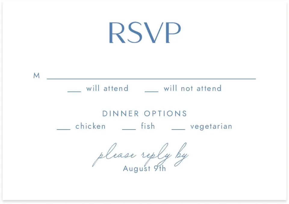This is a 5" x 3½" Wedding Invitation RSVP Postcard called Seaside Serenade printed in full color with Silver foil on Luxe Satin (coated) paper