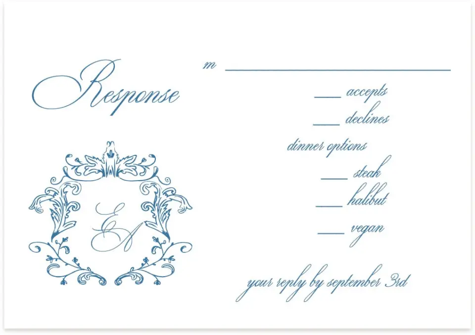 This is a 5" x 3½" Wedding Invitation RSVP Postcard called Blue Toile Romance printed in full color with Rose Gold foil on Luxe Satin (coated) paper