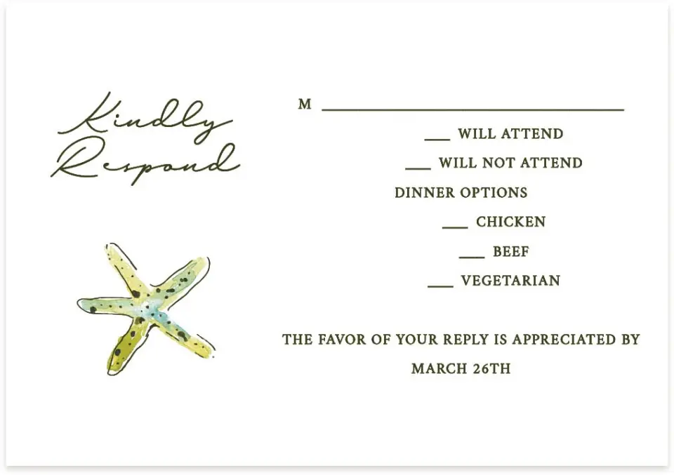 This is a 5" x 3½" Wedding Invitation RSVP Postcard called Whimsical Shells printed in full color with Silver foil on Luxe Satin (coated) paper