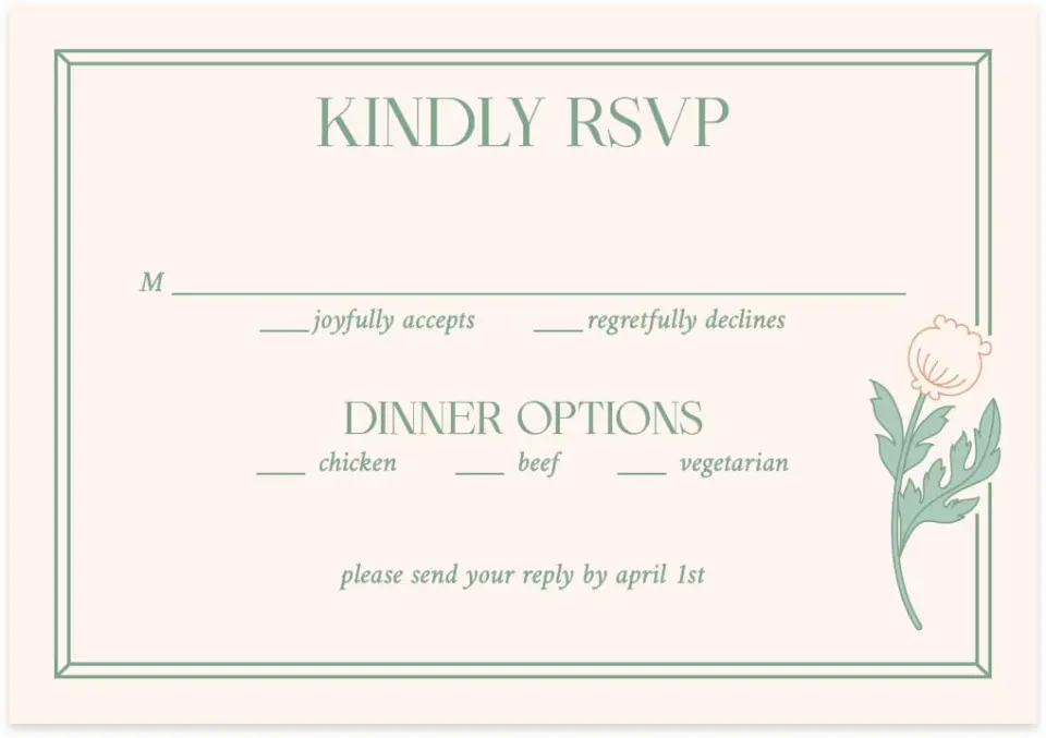 This is a 5" x 3½" Wedding Invitation RSVP Postcard called Vintage Dream printed in full color with Gold foil on Luxe Satin (coated) paper