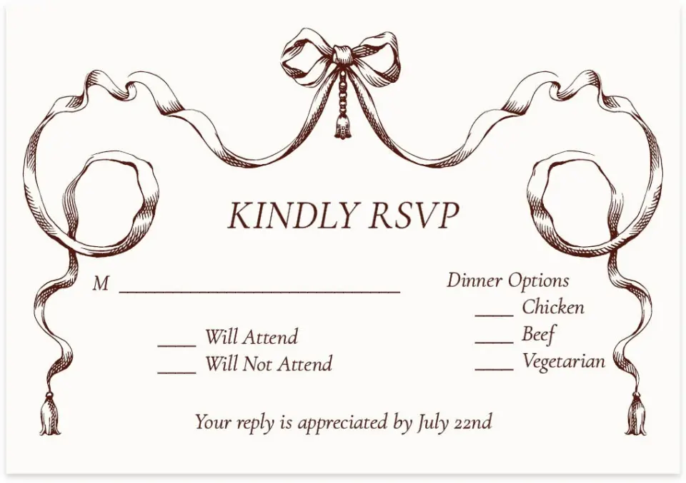 This is a 5" x 3½" Wedding Invitation RSVP Postcard called Trimmed Lace printed in full color with Gold foil on Premium Smooth paper