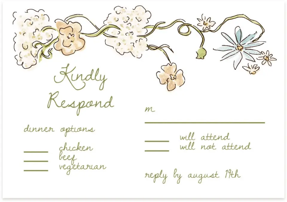 This is a 5" x 3½" Wedding Invitation RSVP Postcard called Soft Garden Vows printed in full color with Gold foil on Premium Smooth paper