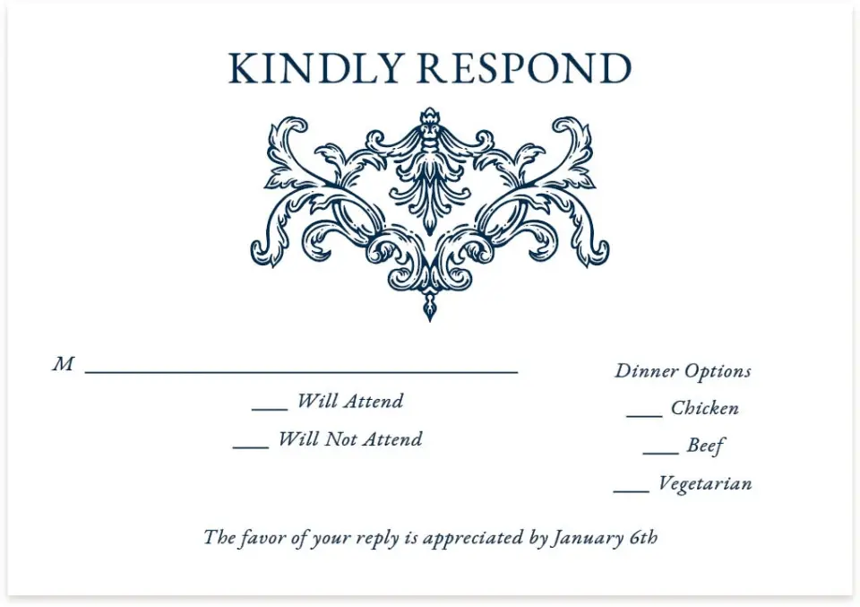 This is a 5" x 3½" Wedding Invitation RSVP Postcard called Heirloom Crest printed in full color with Gold foil on Luxe Satin (coated) paper