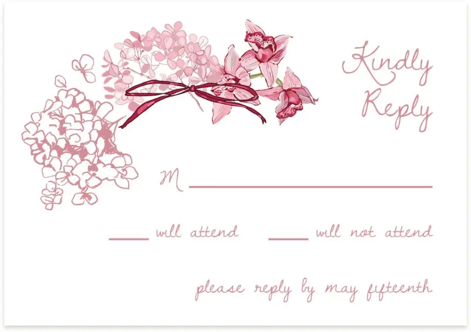 This is a 5" x 3½" Wedding Invitation RSVP Postcard called Blushing Whimsy printed in full color with Gold foil on Premium Smooth paper