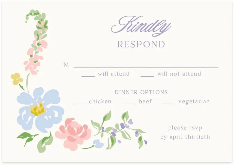 This is a 5" x 3½" Wedding Invitation RSVP Postcard called Gentle Garden printed in full color with Silver foil on Luxe Satin (coated) paper