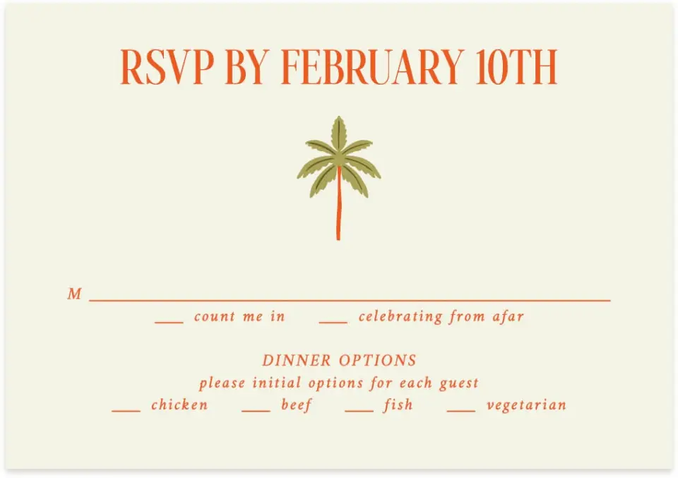 This is a 5" x 3½" Wedding Invitation RSVP Postcard called Tropical Treasure printed in full color with Gold foil on Premium Smooth paper