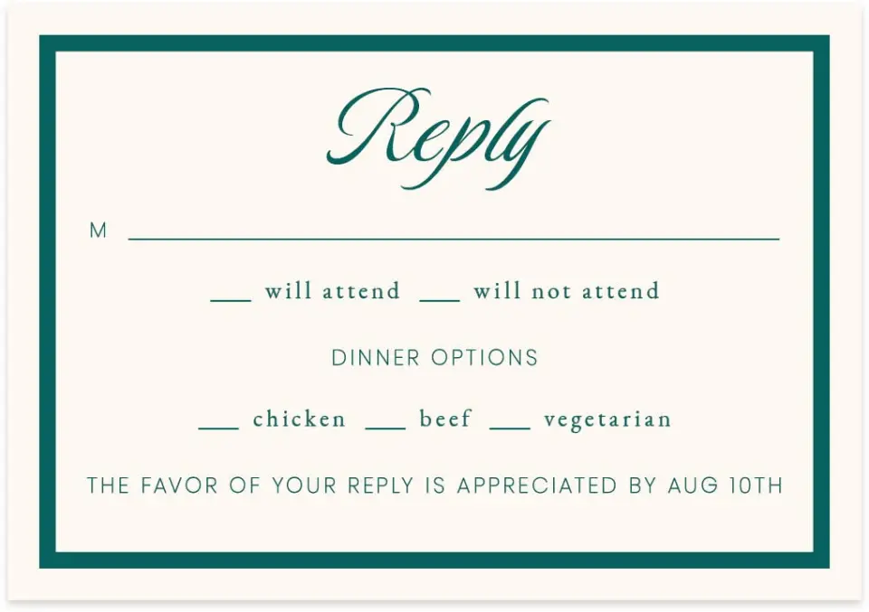 This is a 5" x 3½" Wedding Invitation RSVP Postcard called Faithful Frame printed in full color with Gold foil on Premium Smooth paper