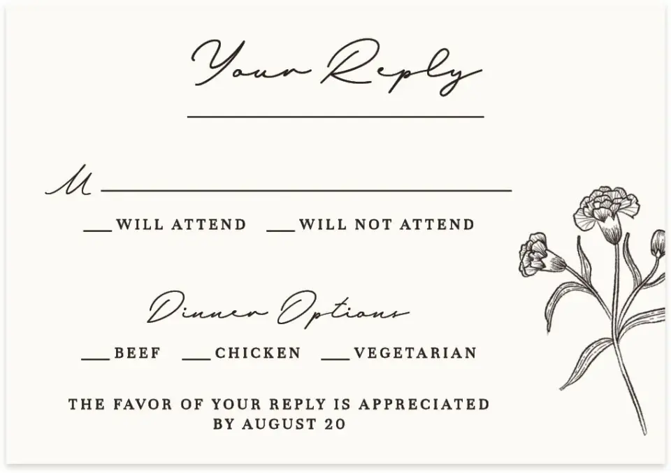 This is a 5" x 3½" Wedding Invitation RSVP Postcard called Opulent Endearment printed in full color with Gold foil on Premium Smooth paper