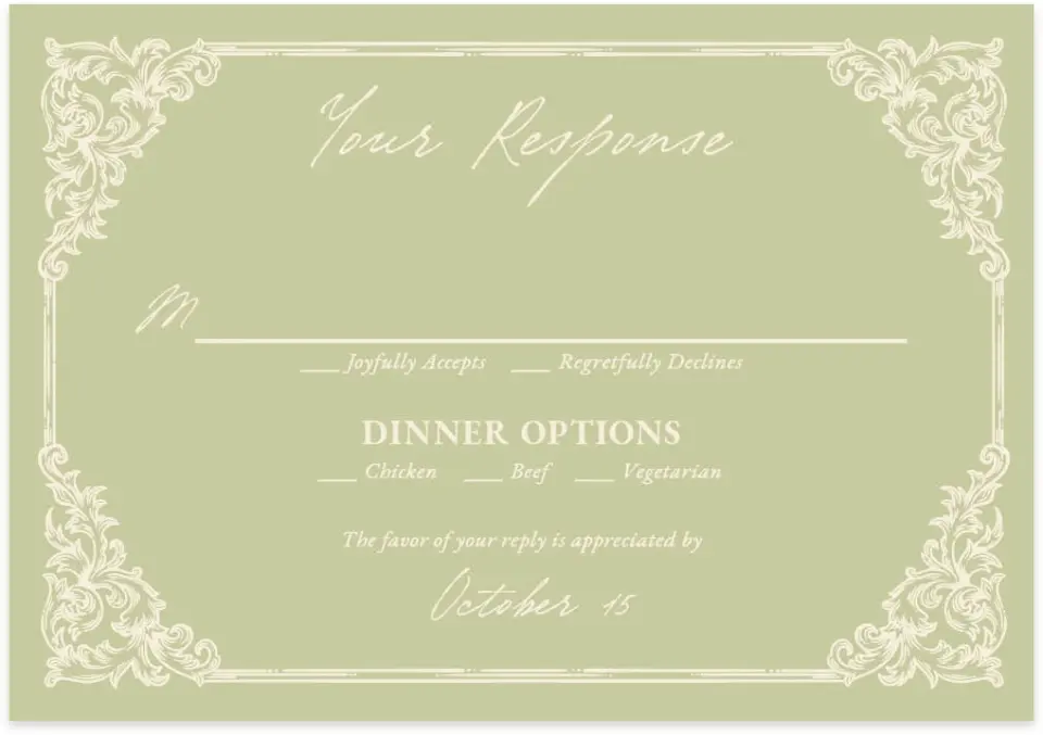 This is a 5" x 3½" Wedding Invitation RSVP Postcard called Victorian Aura printed in full color with Gold foil on Luxe Satin (coated) paper