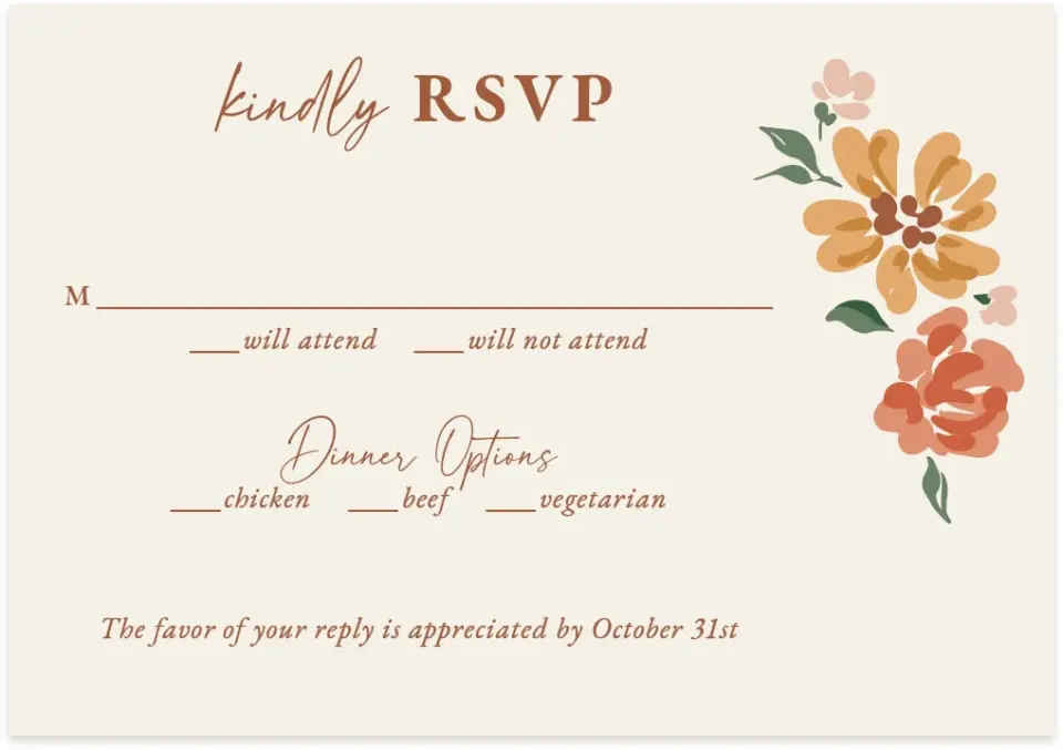 This is a 5" x 3½" Wedding Invitation RSVP Postcard called Plush Petals printed in full color with Gold foil on Luxe Satin (coated) paper