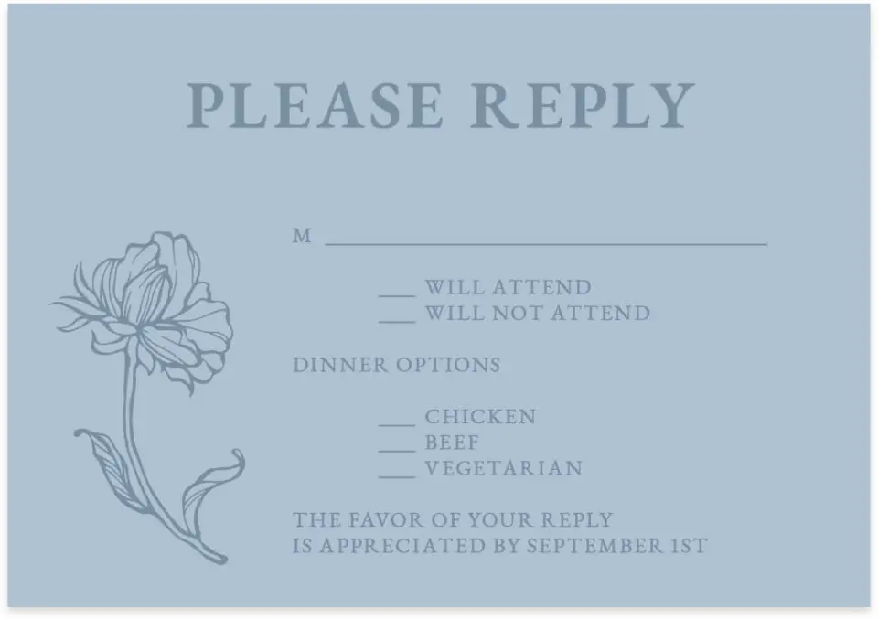 This is a 5" x 3½" Wedding Invitation RSVP Postcard called Pressed Petals printed in full color with Gold foil on Luxe Satin (coated) paper