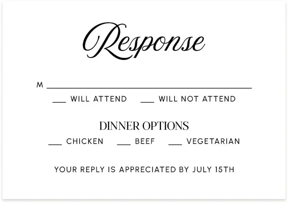 This is a 5" x 3½" Wedding Invitation RSVP Postcard called The Mallory printed in full color on Premium Smooth paper