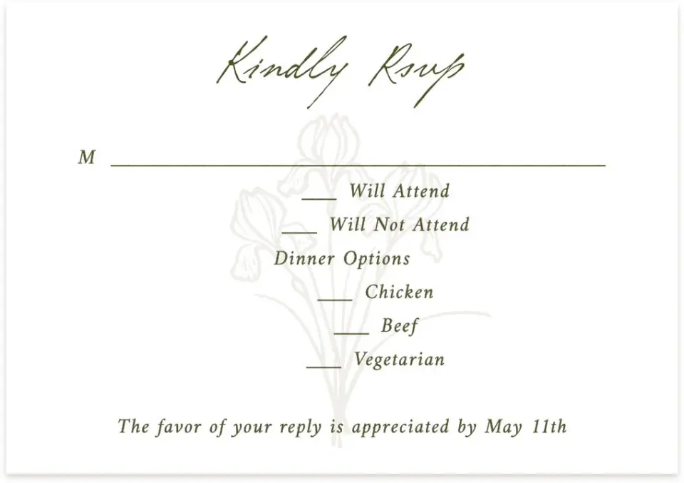 This is a 5" x 3½" Wedding Invitation RSVP Postcard called The Georgia printed in full color with Silver foil on Luxe Satin (coated) paper
