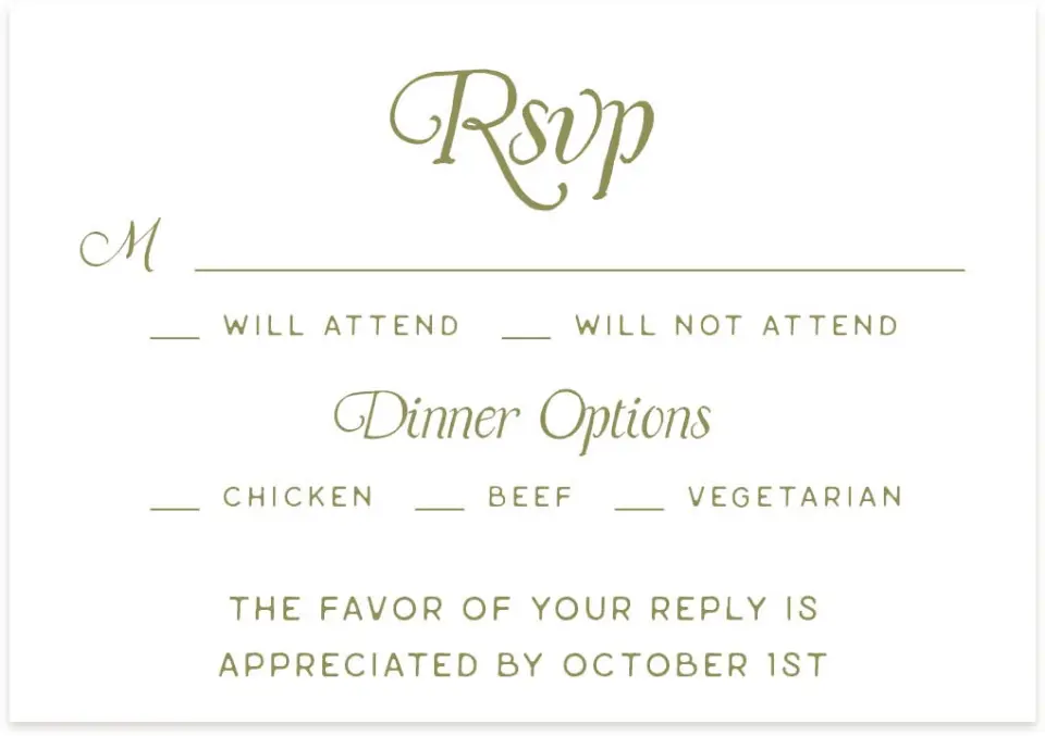This is a 5" x 3½" Wedding Invitation RSVP Postcard called The Rosemary printed in full color with Rose Gold foil on Luxe Satin (coated) paper