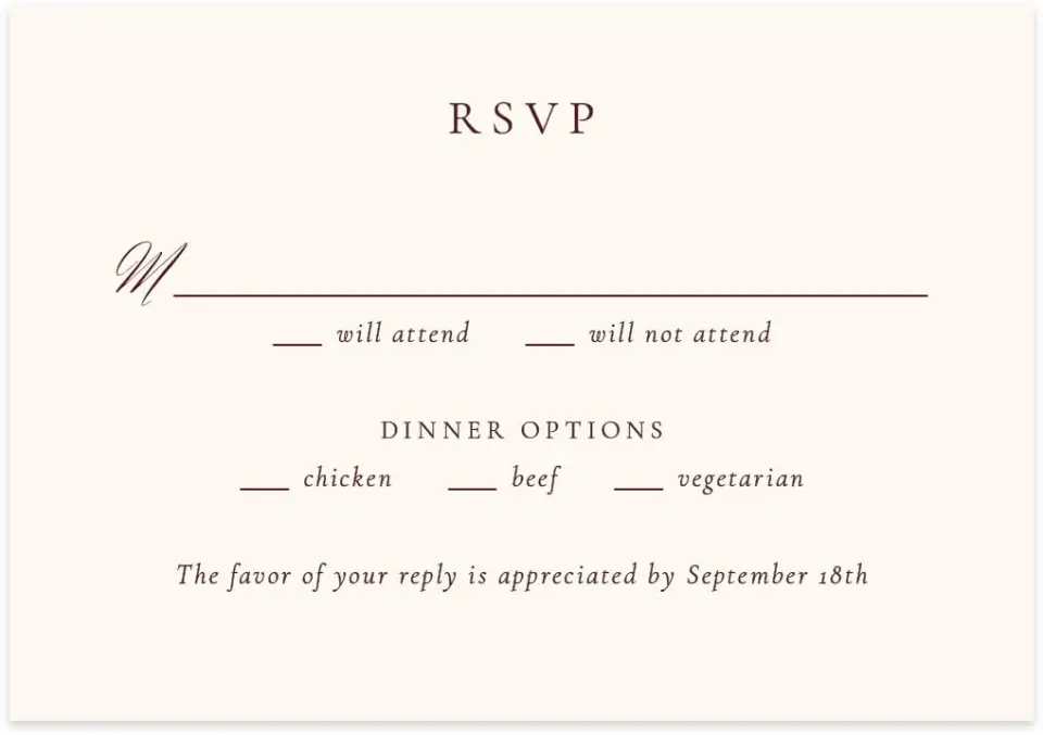 This is a 5" x 3½" Wedding Invitation RSVP Postcard called Swan Song printed in full color with Gold foil on Luxe Satin (coated) paper