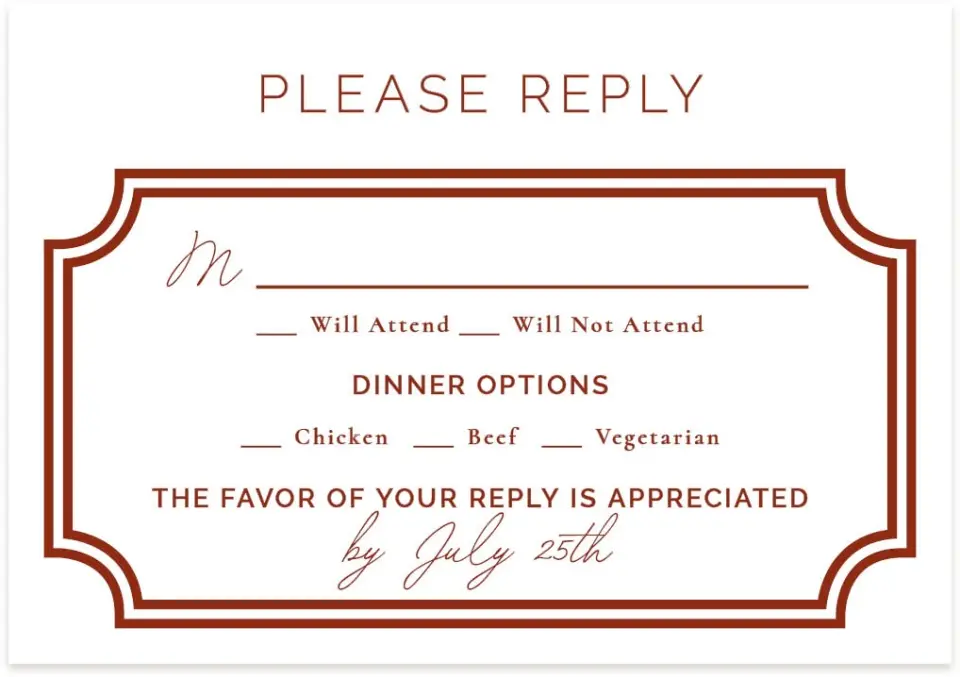 This is a 5" x 3½" Wedding Invitation RSVP Postcard called The Chelsea printed in full color with Rose Gold foil on Luxe Satin (coated) paper