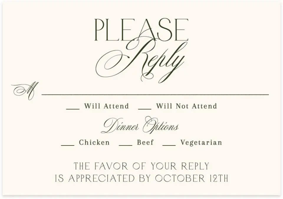 This is a 5" x 3½" Wedding Invitation RSVP Postcard called The Bethany printed in full color with Gold foil on Luxe Satin (coated) paper
