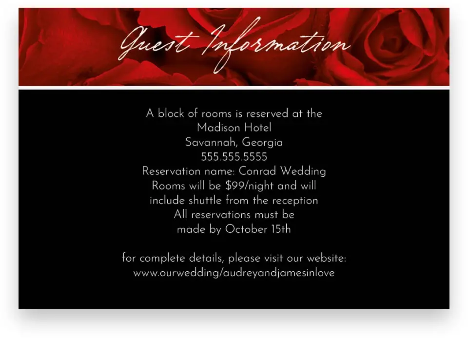 This is a 5" x 3½" Wedding Invitation Enclosure Card called Dramatic Roses printed in full color on Premium Smooth paper