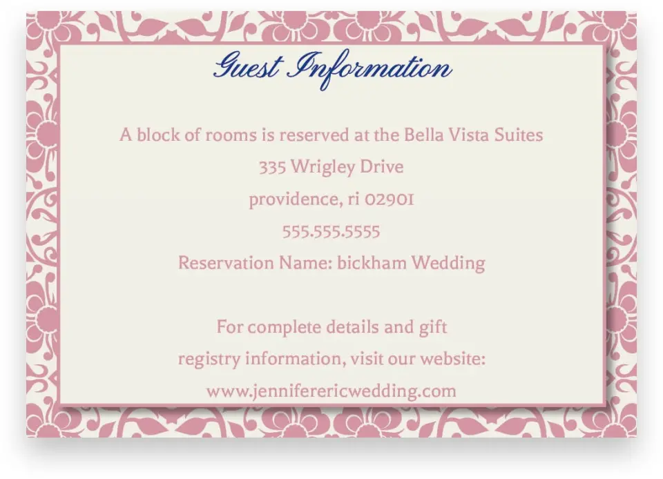 This is a 5" x 3½" Wedding Invitation Enclosure Card called Floral Ornament printed in full color on Premium Smooth paper