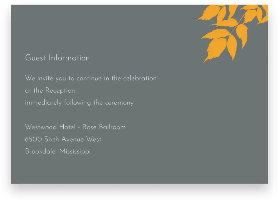 This is a 5" x 3½" Wedding Invitation Enclosure Card called Autumn Stamp printed in full color on Premium Smooth paper