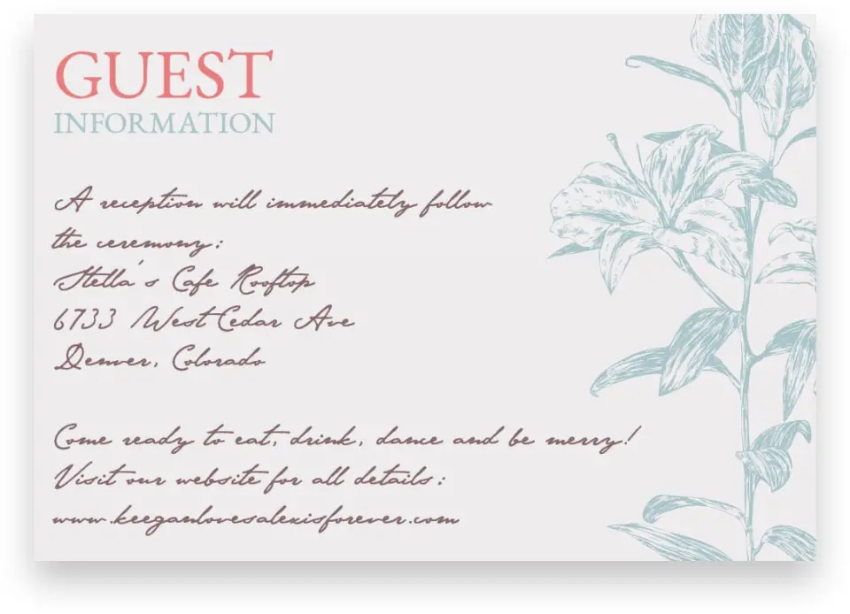 This is a 5" x 3½" Wedding Invitation Enclosure Card called Honey Blossoms printed in full color on Premium Smooth paper