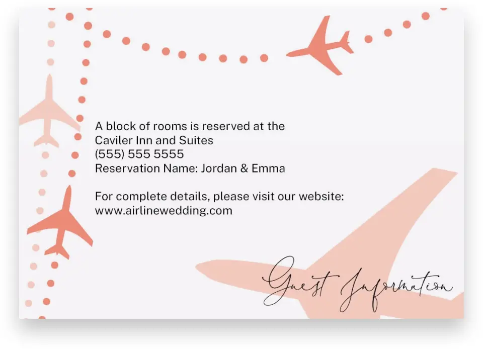This is a 5" x 3½" Wedding Invitation Enclosure Card called Love Airways printed in full color on Premium Smooth paper