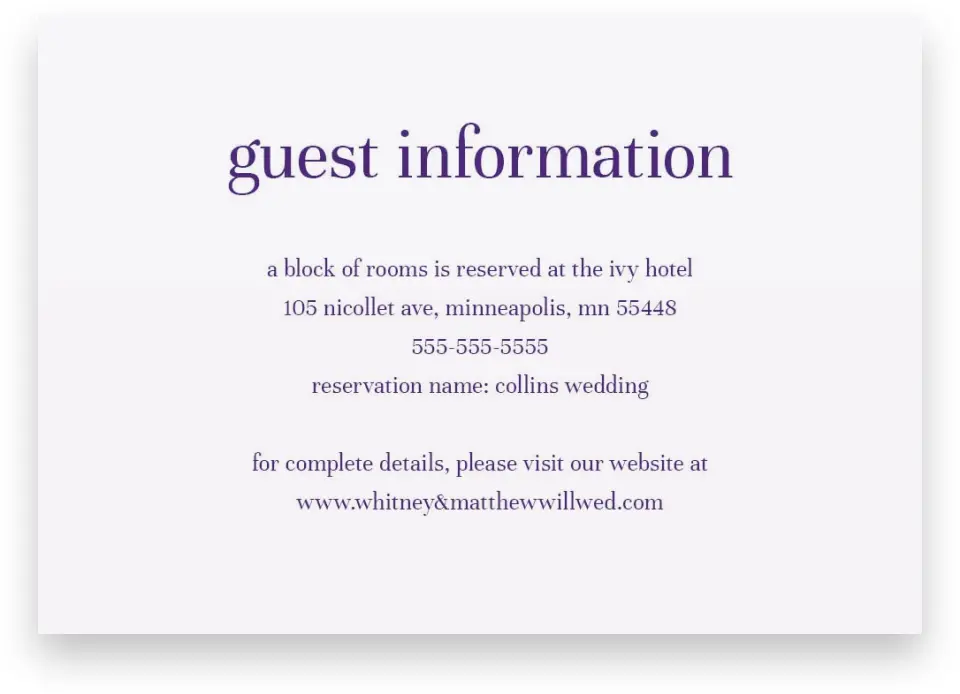 This is a 5" x 3½" Wedding Invitation Enclosure Card called Charming Lavender printed in full color on Premium Smooth paper