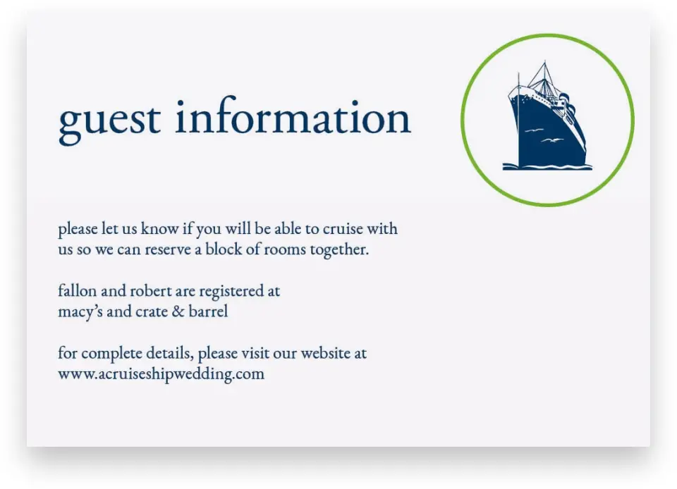 This is a 5" x 3½" Wedding Invitation Enclosure Card called Harmony Cruise printed in full color with Silver foil on Luxe Satin (coated) paper