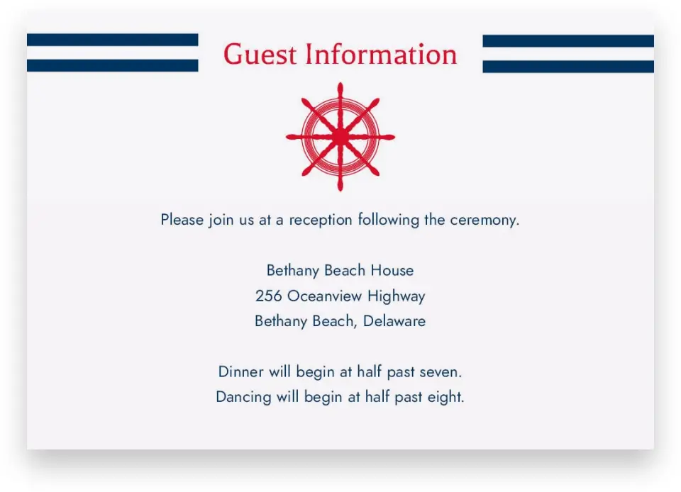 This is a 5" x 3½" Wedding Invitation Enclosure Card called Nautical Feelings printed in full color on Premium Smooth paper