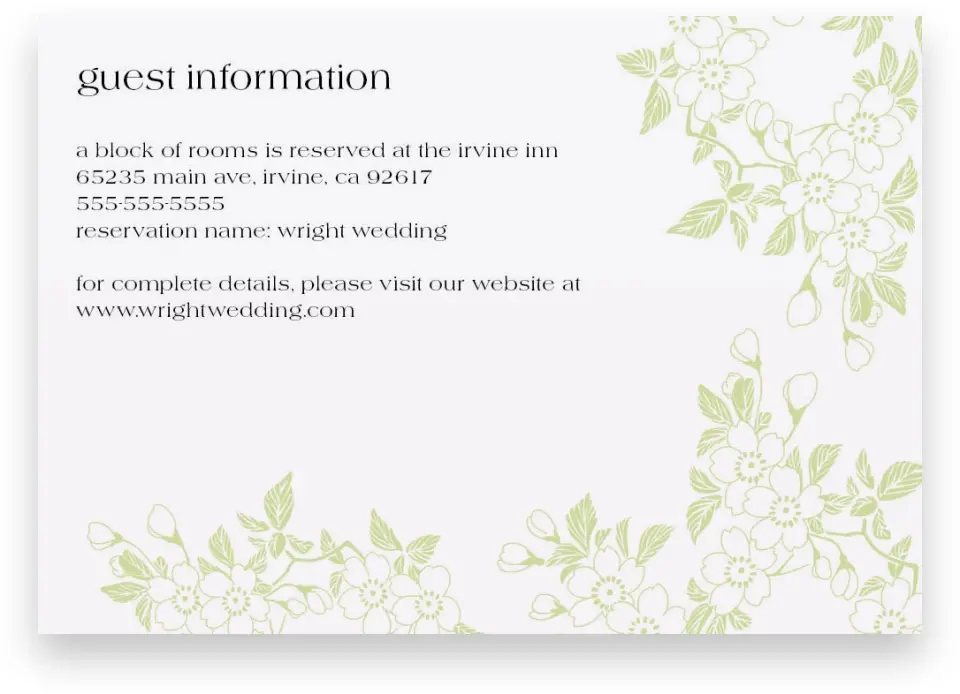 This is a 5" x 3½" Wedding Invitation Enclosure Card called Lovely Blossoms printed in full color with Silver foil on Luxe Satin (coated) paper
