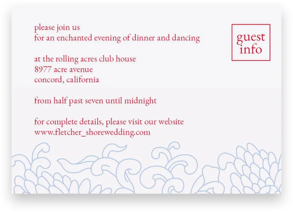 This is a 5" x 3½" Wedding Invitation Enclosure Card called Pristine Beauty printed in full color with Silver foil on Luxe Satin (coated) paper