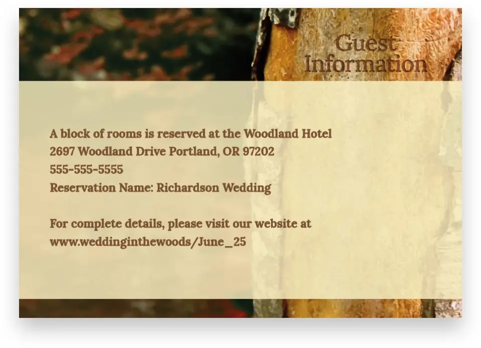 This is a 5" x 3½" Wedding Invitation Enclosure Card called Carved in Love - Autumn printed in full color on Premium Smooth paper