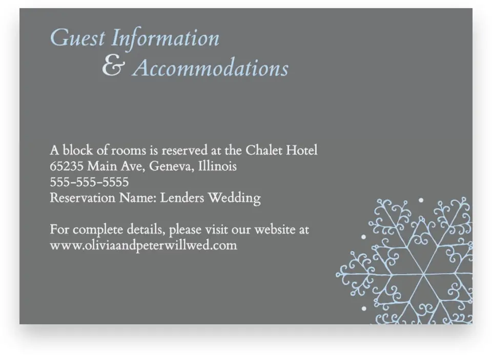 This is a 5" x 3½" Wedding Invitation Enclosure Card called Seasonal Snowflake printed in full color on Premium Smooth paper