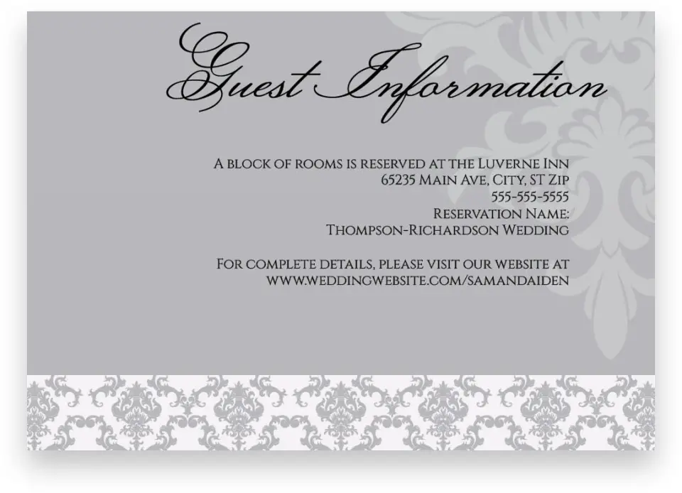 This is a 5" x 3½" Wedding Invitation Enclosure Card called Damask Elegance printed in full color with Silver foil on Luxe Satin (coated) paper